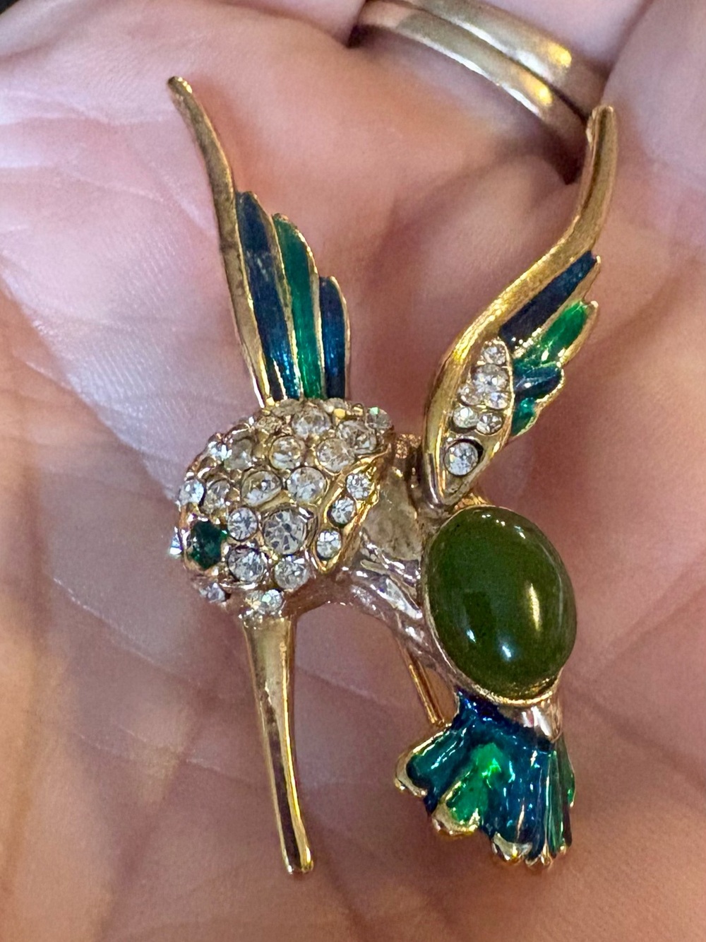 Gold-Tone Green & Blue Hummingbird Brooch with Crystal Accents